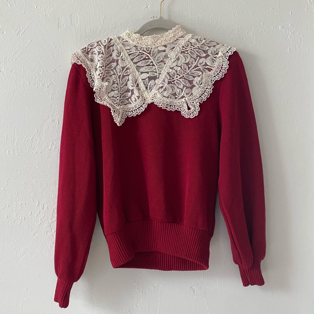 Red Lace-Collar Women's Sweater